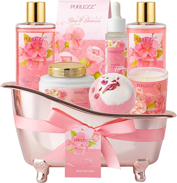PURLEZZ Rose & Jasmine Floral Luxury Bath And Body Gifts, Spa Basket with Body Lotion, Soy Candle Spa Gift Kit, Home Bath Gift Set for Women, Gift Set For Women, Birthday Spa Gifts, Mothers Day Gifts for Mom - Image 2